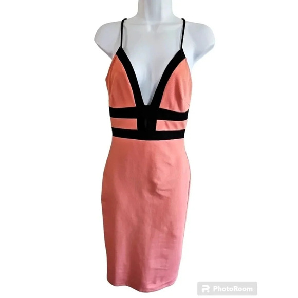 Love Culture Medium Pink Black Spaghetti Strap Bodycon Cocktail Y2K Barbiecore - Picture 2 of 8